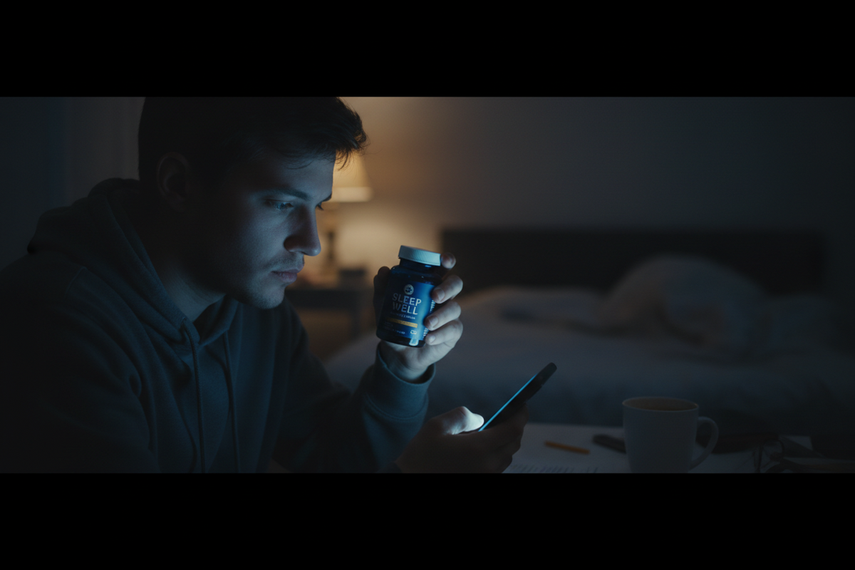 A founder holding a melatonin bottle while checking a phone late at night