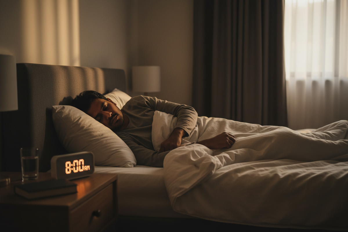A person waking up still tired after a full night's sleep, illustrating the difference between sleep quantity and sleep quality