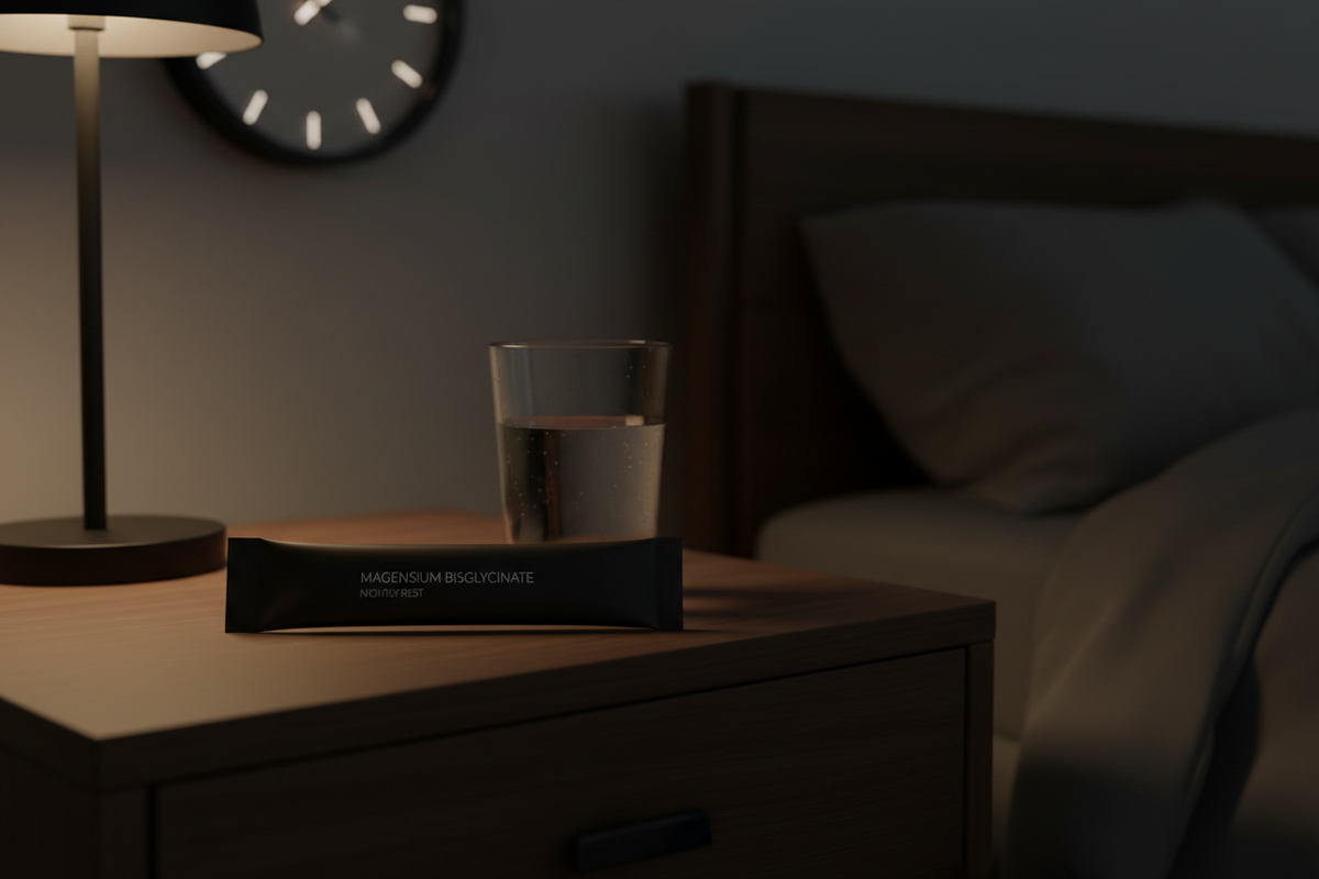 A Magnesium Bisglycinate sachet beside a glass of water on a dark nightstand, representing magnesium bisglycinate as part of a nightly sleep-support routine.