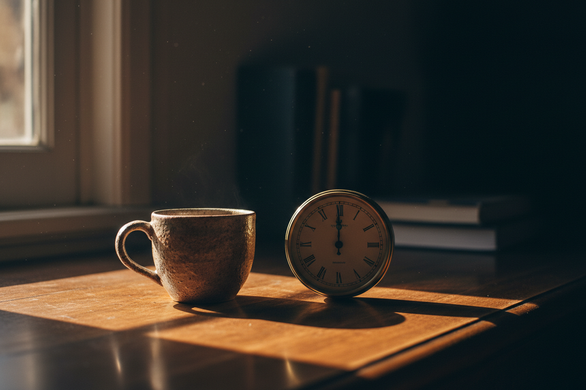 Cup of coffee next to a clock showing afternoon cutoff time