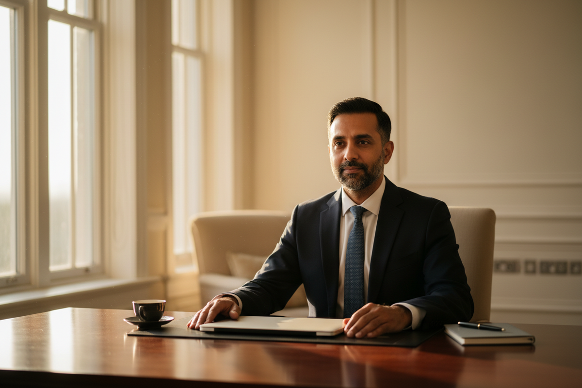 A focused India executive sitting calmly at a dark wood desk in early morning light, laptop closed, representing next-day cognitive recovery from deep sleep rather than stimulant-driven alertness.