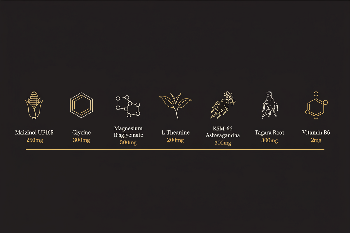Seven melatonin-free sleep ingredients with disclosed doses: Maizinol UP165, glycine, magnesium bisglycinate, L-theanine, KSM-66 ashwagandha, Tagara and Vitamin B6