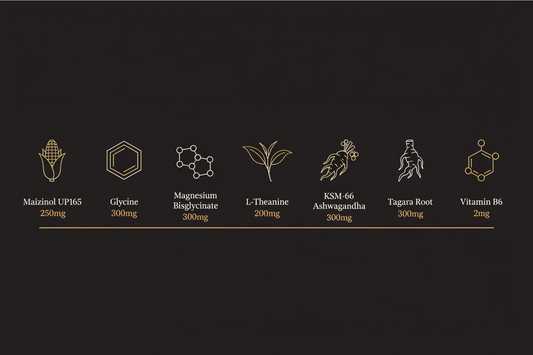 Seven melatonin-free sleep ingredients with disclosed doses: Maizinol UP165, glycine, magnesium bisglycinate, L-theanine, KSM-66 ashwagandha, Tagara and Vitamin B6