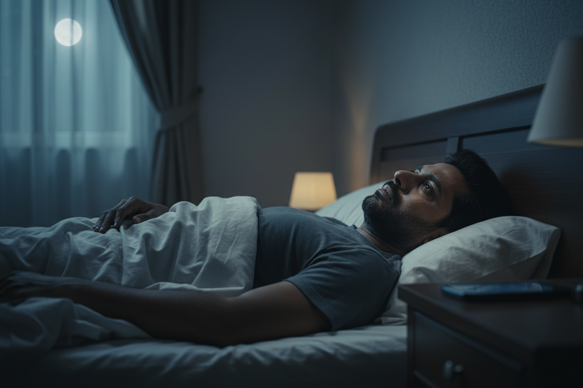 A tired person lying awake at night unable to switch off, illustrating failed recovery from stress