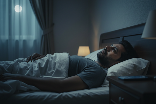 A tired person lying awake at night unable to switch off, illustrating failed recovery from stress