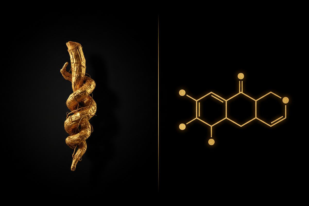 Ashwagandha versus melatonin for sleep, gold root and molecule motifs on black