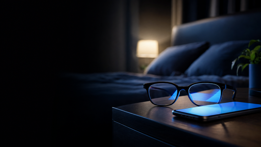 Blue light glasses resting next to a glowing phone in a dark room