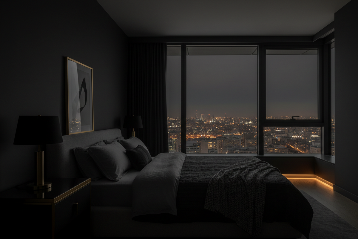 Near-black image of a calm bedroom against a city skyline with a subtle gold accent on black.