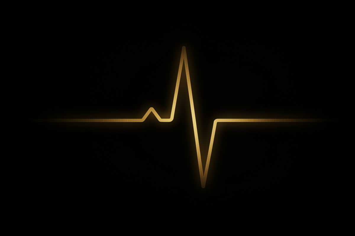 Near-black image of a calm heart-rhythm motif easing with sleep in gold on black.