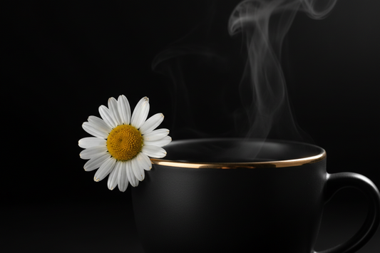 Chamomile for sleep, gold flower and cup motif on black