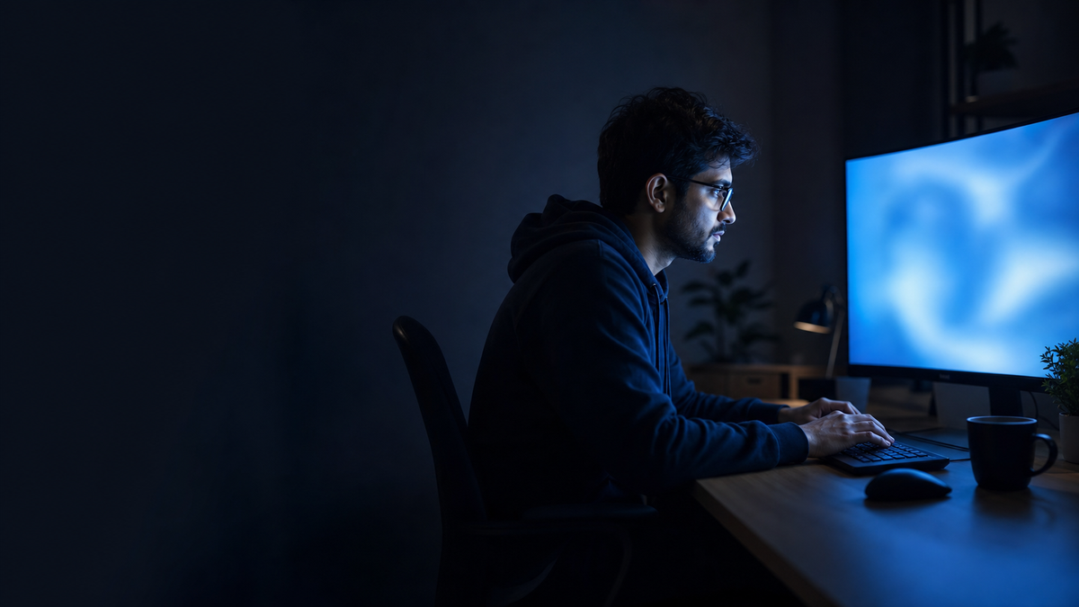 Developer at a glowing monitor late at night in a dark room