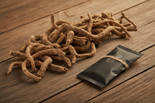 Dried Tagara (Valeriana wallichii) root alongside REINCARN Night Reboot sachet, representing traditional Ayurvedic sedative herb used in the formula