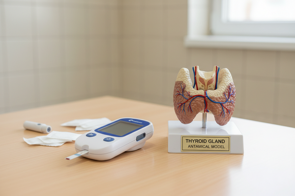 Thyroid anatomical model with glucometer