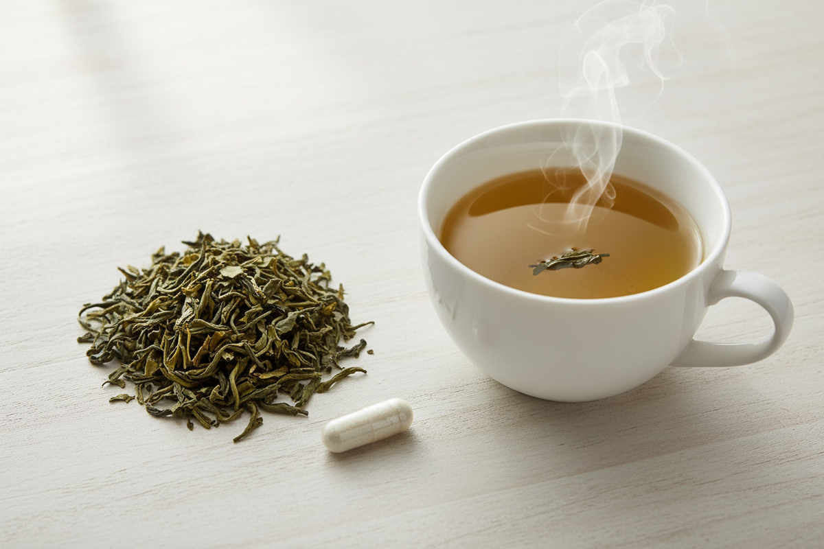 Green tea leaves and a supplement capsule beside a cup, symbolising L-theanine's natural source