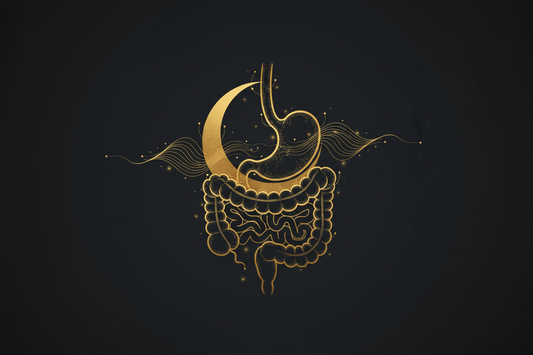 Sleep and gut health, gold gut-brain motif on black