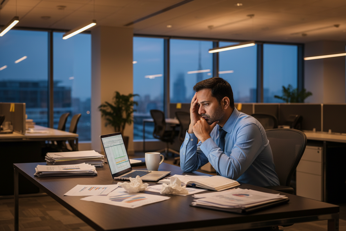 Executive at a desk with tissues nearby during a demanding work week