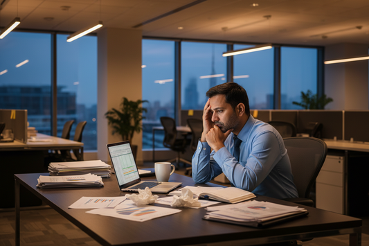 Executive at a desk with tissues nearby during a demanding work week