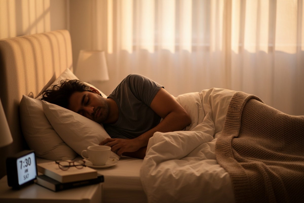 Founder asleep in bed on a Saturday morning with warm dawn light, illustrating weekend catch-up sleep and sleep debt recovery