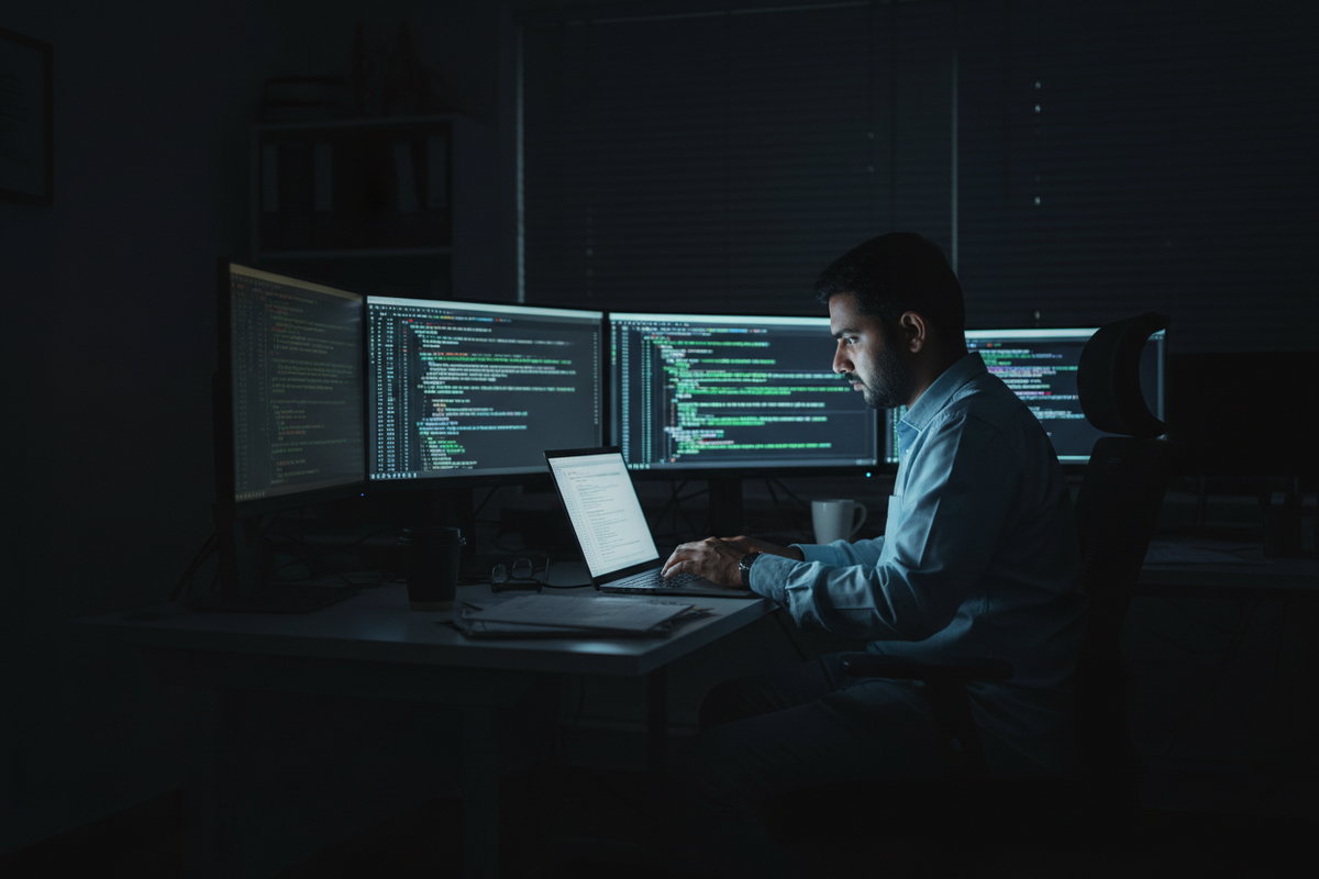 Person on a laptop late at night in a dark room