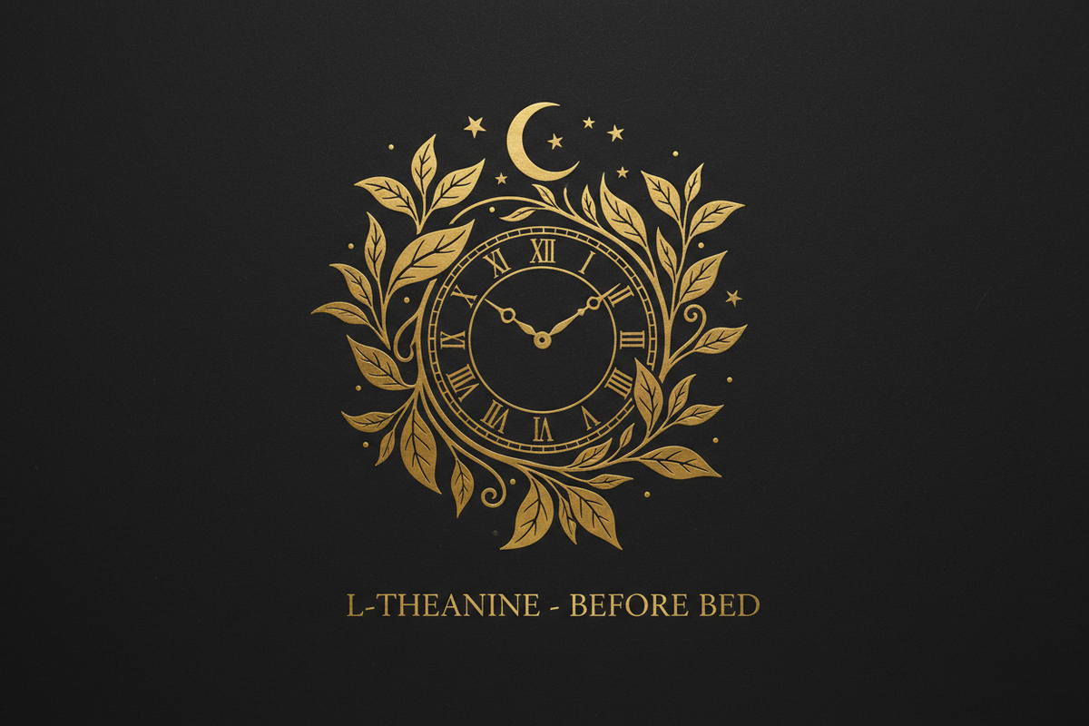 When to take L-theanine before bed, gold clock and leaf motif on black