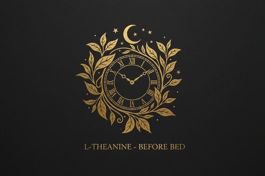 When to take L-theanine before bed, gold clock and leaf motif on black