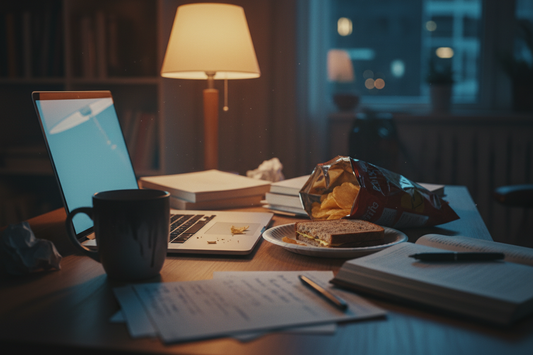 Late night desk scene with a half-eaten snack beside a laptop
