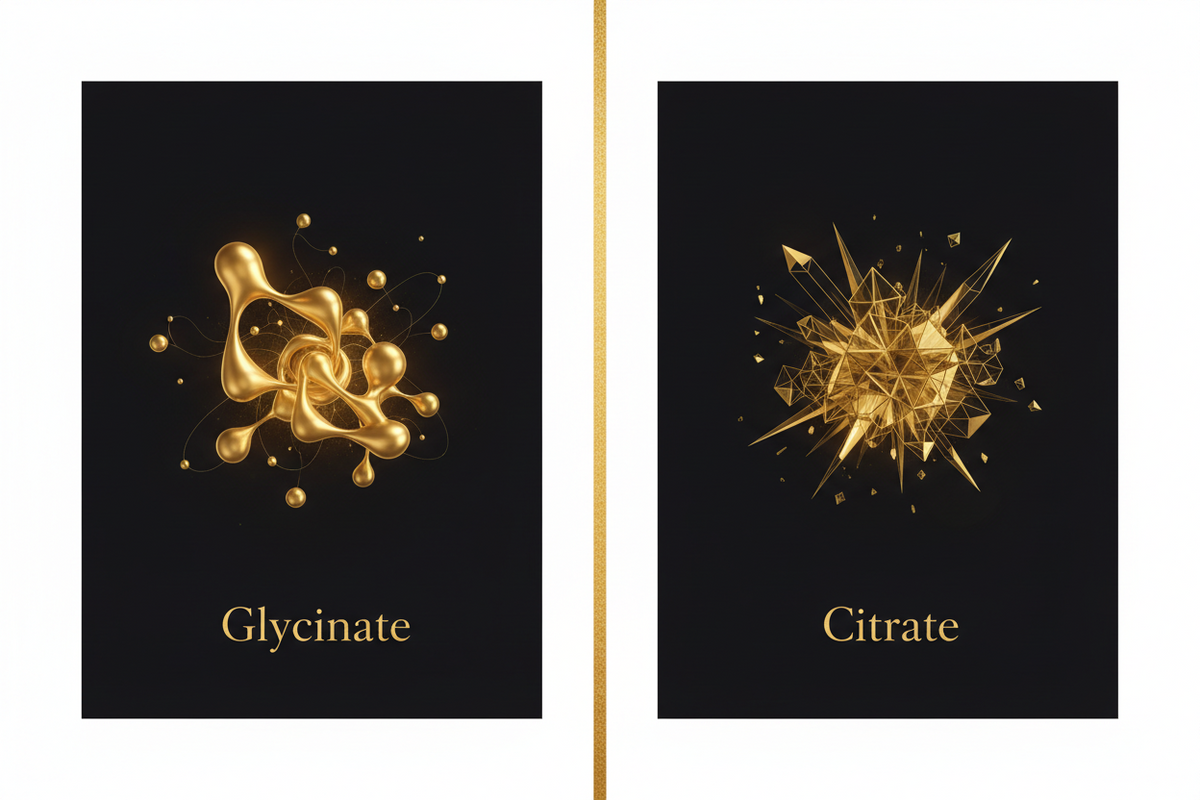 Magnesium glycinate versus citrate for sleep, gold motif on black