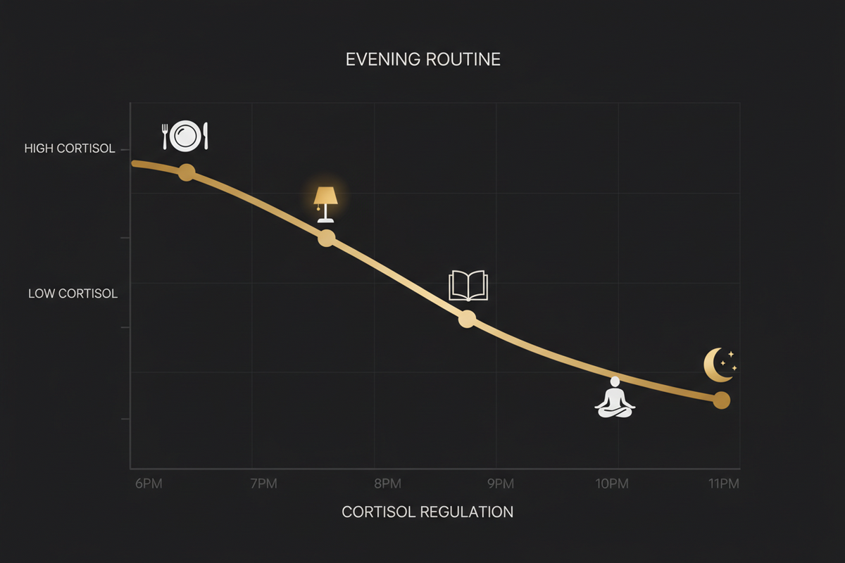 Evening cortisol curve falling toward sleep with eight methods to lower it before bed