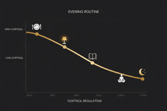 Evening cortisol curve falling toward sleep with eight methods to lower it before bed