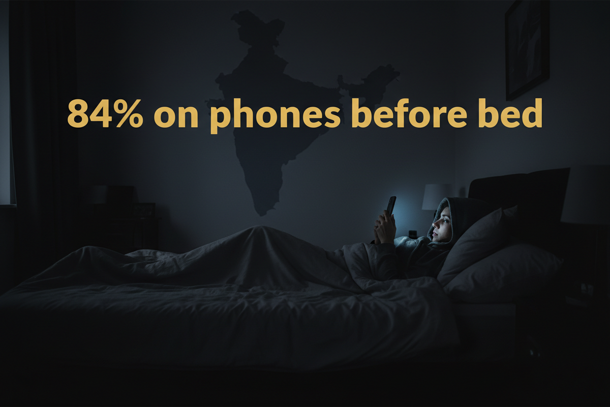 Infographic on screen time and sleep in India showing 84 percent use phones before bed