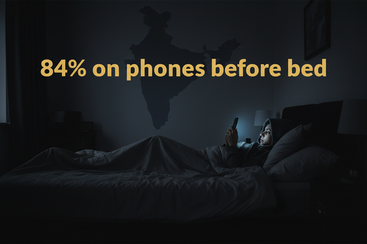 Infographic on screen time and sleep in India showing 84 percent use phones before bed