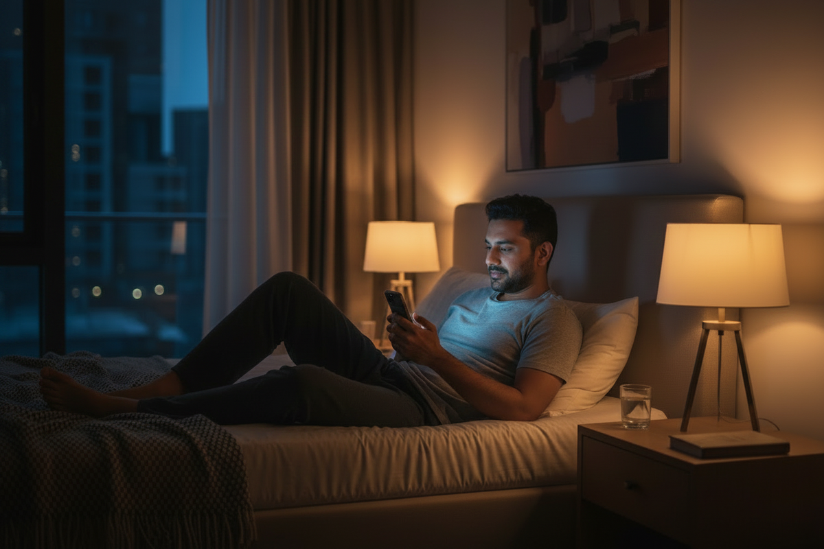 35 year old Indian watching mobile before sleeping
