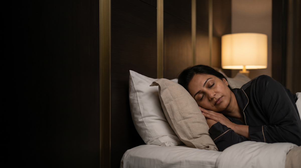 Person sleeping in a dark bedroom lit by a warm bedside lamp