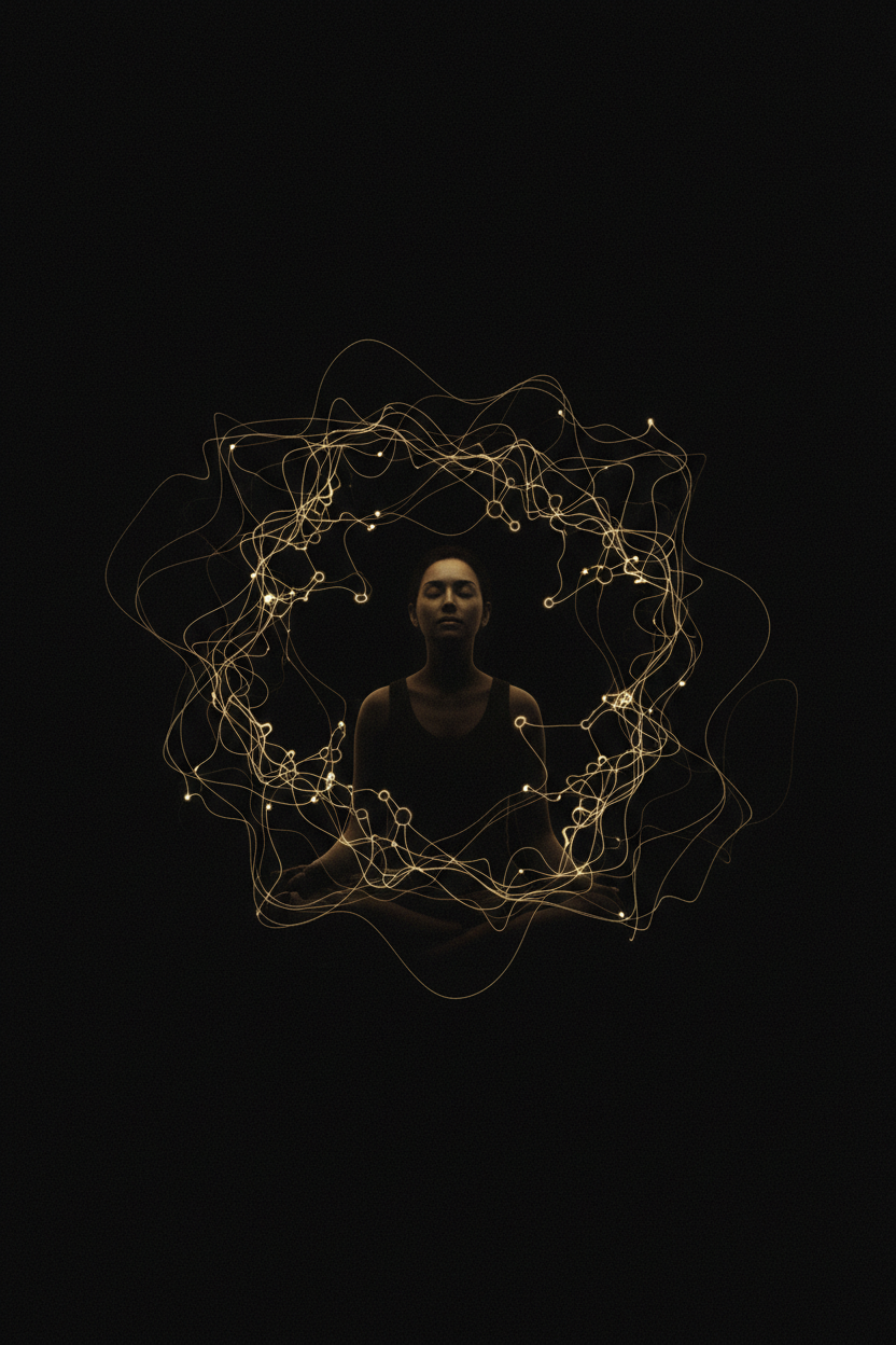 Melatonin and ADHD sleep, gold molecule motif on black