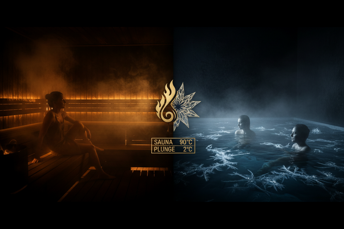 Sauna and cold plunge effects on sleep, gold temperature motif on black
