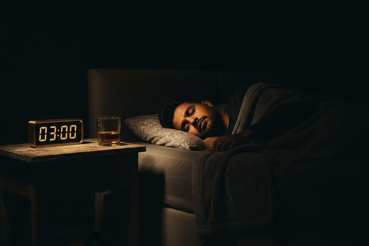 Alcohol and the 3am wake-up, gold clock and glass motif on black