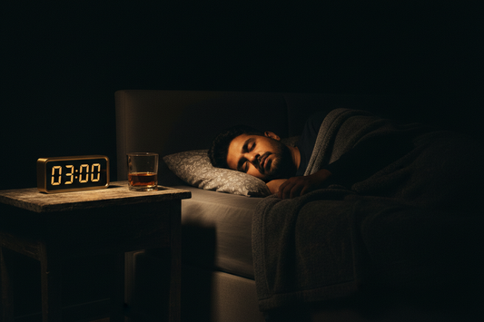 Alcohol and the 3am wake-up, gold clock and glass motif on black