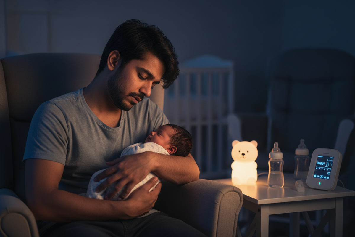 Tired working parent recovering from broken newborn sleep