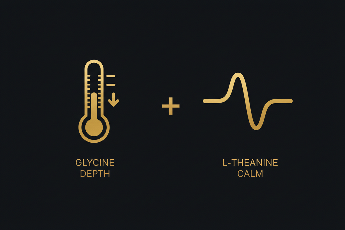 Glycine for sleep depth and L-theanine for calm shown as complementary sleep ingredients