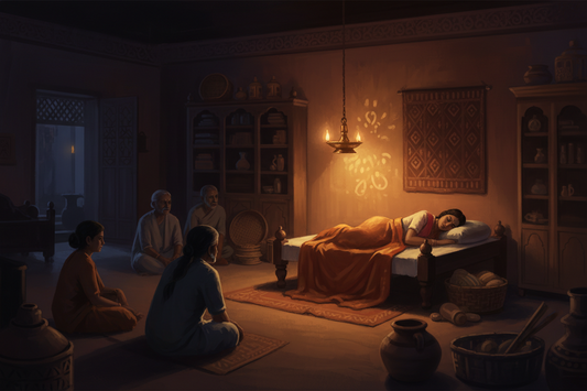 Illustration of protecting sleep quality in an Indian joint family home with shared spaces