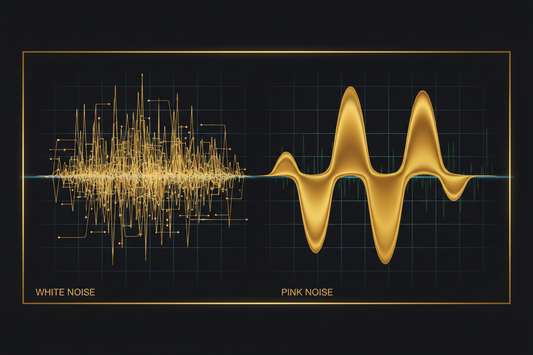 White noise versus pink noise for sleep, gold waveform motif on black