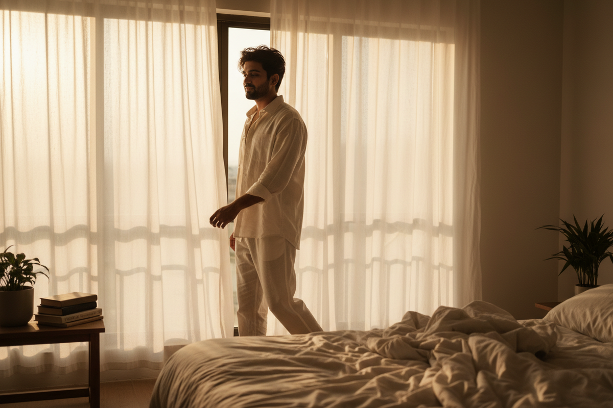 Young Indian man stepping into morning sunlight near a window shortly after waking
